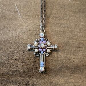 Vintage-Inspired Purple & Opalescent Cross Pendant Necklace